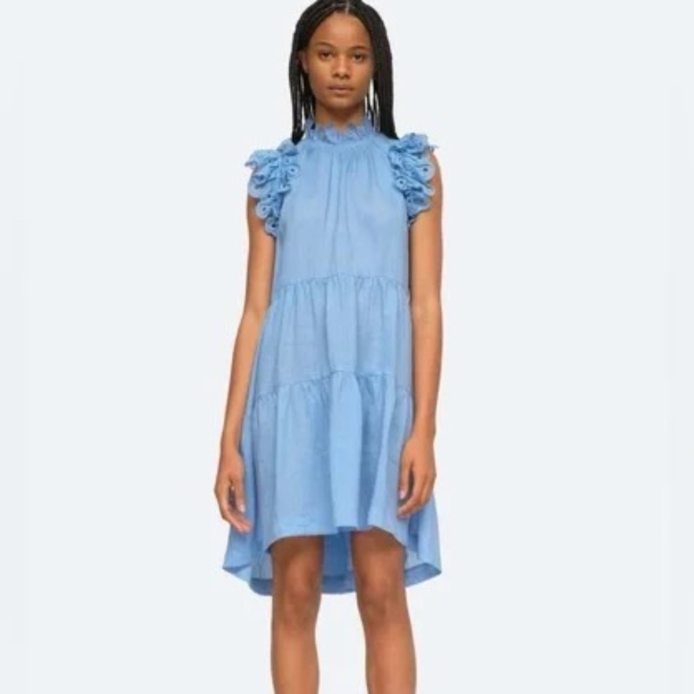 Sea New York sky blue linen blend eyelet ruffle sleeve mini dress (size Small)